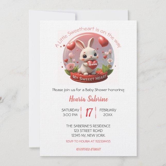 Cute Baby Shower Rabbit Sweetheart Valentine Einladung (Vorderseite)
