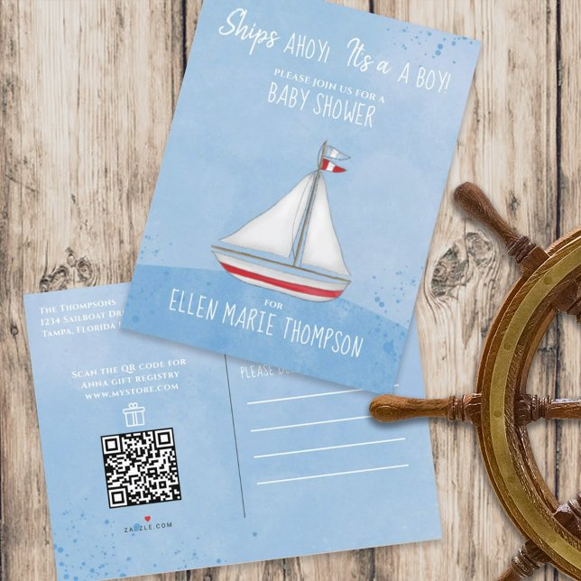 Cute Baby Shower Ship Ahoy QR Code Gift Registry Einladungspostkarte (Von Creator hochgeladen)