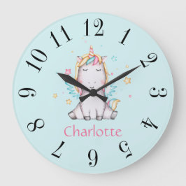 Cute Baby Unicorn Personalized Large Teal Clock Große Wanduhr
