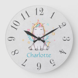 Cute Baby Unicorn Soft Gray & Teal Personalized Große Wanduhr