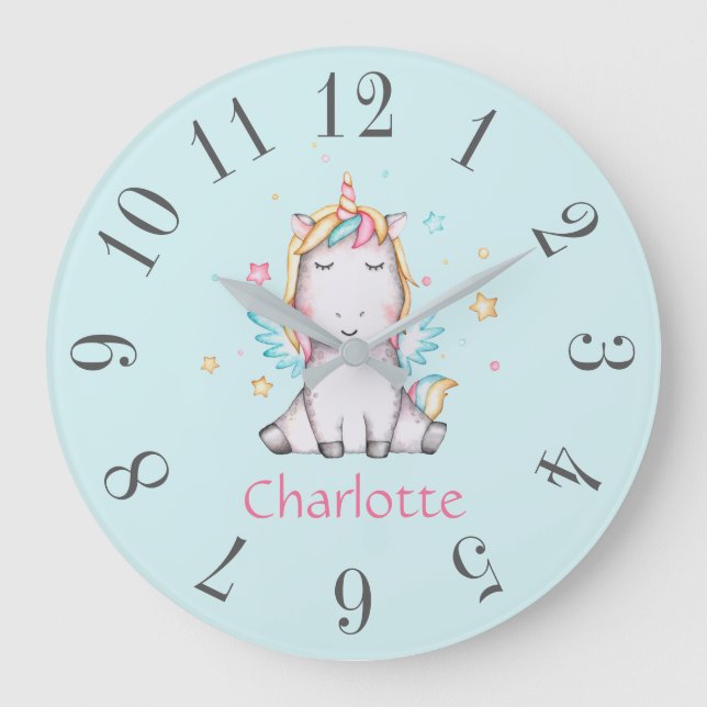 Cute Baby Unicorn Soft Teal Personalized Große Wanduhr (Vorderseite)