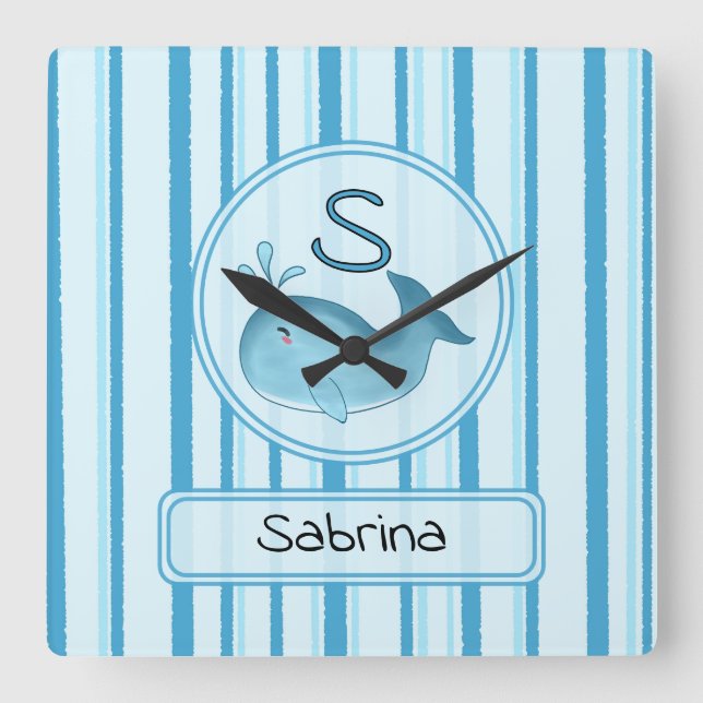 Cute Baby Whale Blue Stripes Quadratische Wanduhr (Vorderseite)