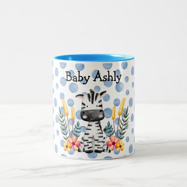Cute Baby Zebra Flower Wreath Custom Baby Boy Name Zweifarbige Tasse (Mittel)