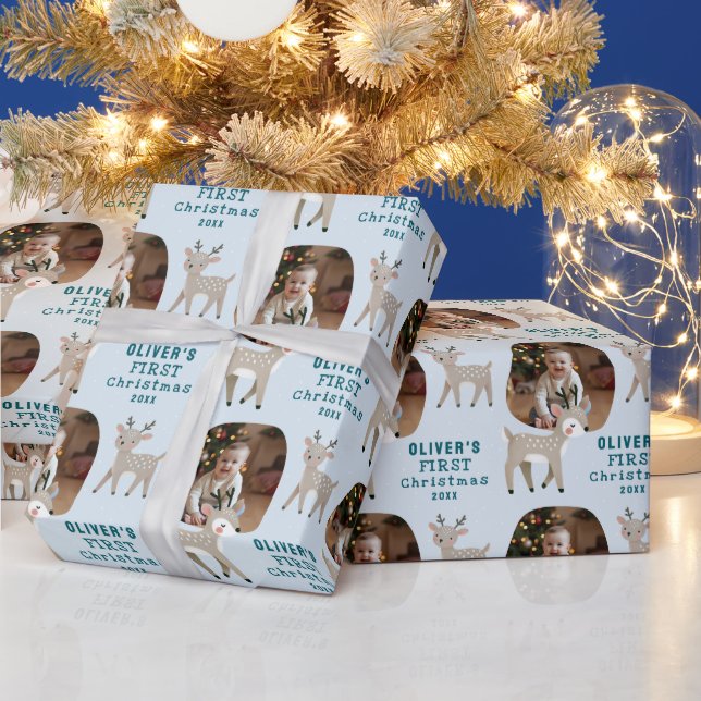 Cute Baby's 1st Christmas Photo Reindeer Geschenkpapier (Feiertage)