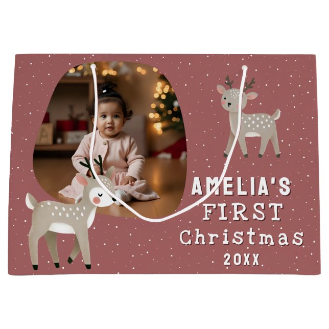Cute Baby's 1st Christmas Photo Reindeer Große Geschenktüte (Vorderseite)
