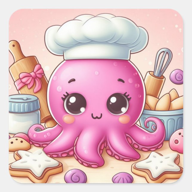 Cute baking octopus square sticker (Vorderseite)