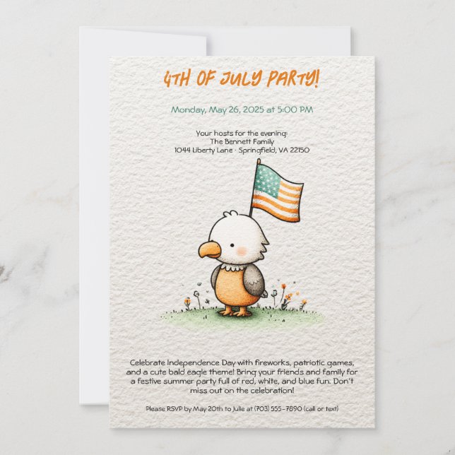 Cute Bald Eagle 4 juillet Fête Invitation (Devant)
