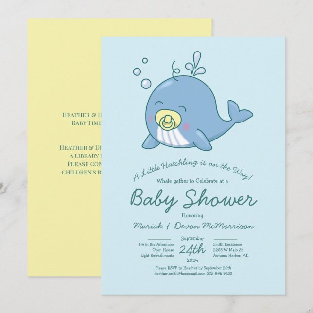Cute baleine Baby shower Kawaii Invitation (Devant / Derrière)