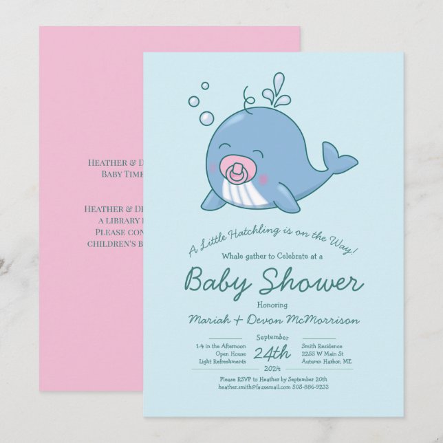 Cute baleine Baby shower Kawaii Invitation fille r (Devant / Derrière)