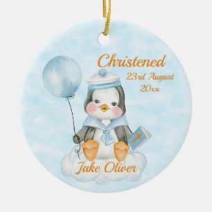 Cute Baptism Baby Boy Penguin Blue Keramik Ornament