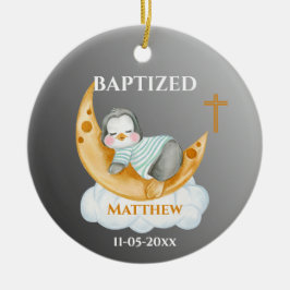 Cute Baptism Baby Penguin And Moon Keramik Ornament