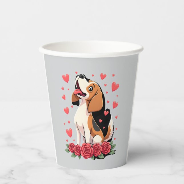 Cute Beagle with Red Roses Hearts Floral Valentine Pappbecher (Vorderseite)