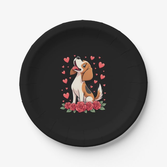 Cute Beagle with Red Roses Hearts Floral Valentine Pappteller (Vorderseite)