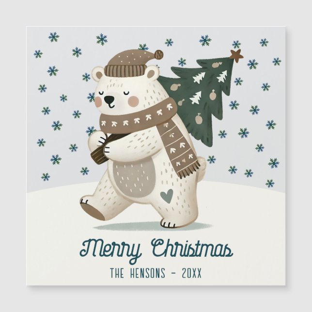Cute Bear Christmas Tree Drawing Christmas Card Magnetkarte (Vorderseite)