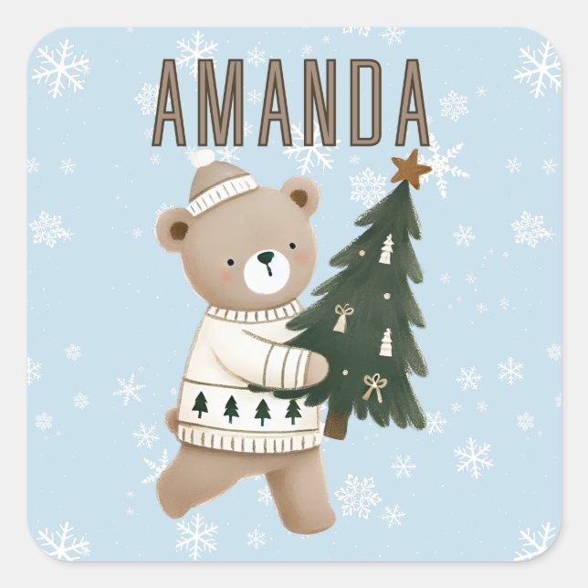 Cute Bear Christmas Tree Snowflakes Kids Name  Quadratischer Aufkleber (Vorderseite)