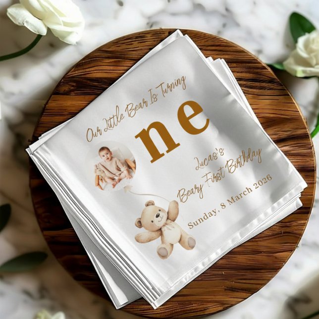 Cute Bear First Birthday Photo Party Napkins Serviette (Von Creator hochgeladen)