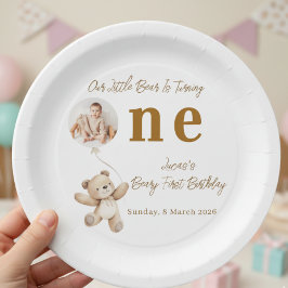 Cute Bear First Birthday Photo Party Paper Plates Pappteller
