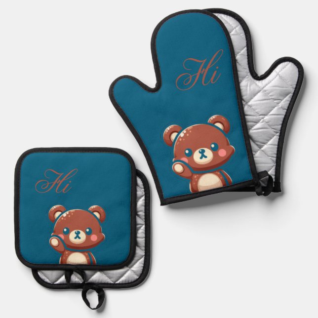 Cute Bear Oven Mitt and Pot Holder Set – Teal Blue (Vorderseite/Rückseite)