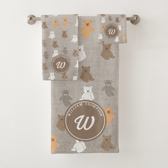 Cute Bear Pattern Initial Monogram Badhandtuch Set (Insitu)