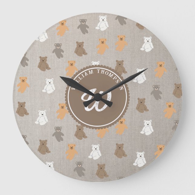 Cute Bear Pattern Initial Monogram Große Wanduhr (Vorderseite)