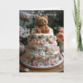 Cute Bear Pink Roses White Daisies Happy Birthday Karte