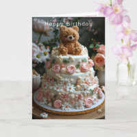 Cute Bear Pink Roses White Daisies Happy Birthday