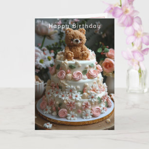 Cute Bear Pink Roses White Daisies Happy Birthday Karte