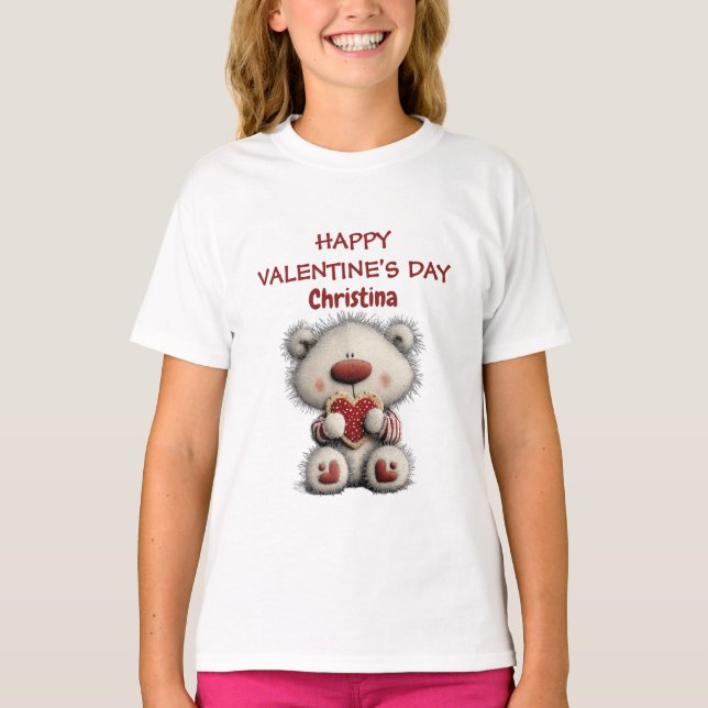 Cute Bear Red Happy Valentines Day Custom Name  T-Shirt (Vorderseite)