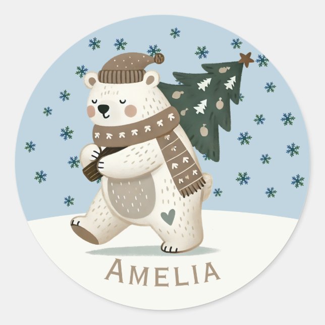Cute Bear Snowflakes Drawing Name Christmas Runder Aufkleber (Vorderseite)