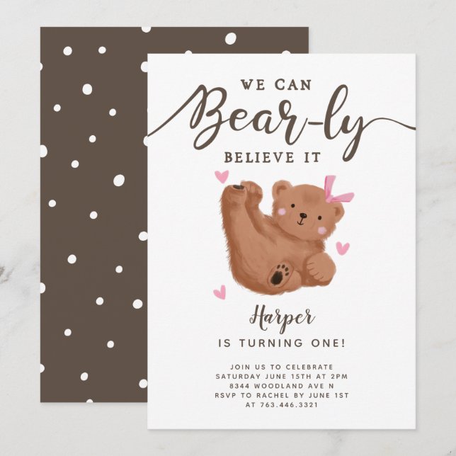 Cute Bear Theme Girl's Birthday Party Einladung (Vorne/Hinten)