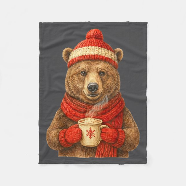 Cute Bear With Santa Hat Coffee Lover Funny Winter Fleecedecke (Vorderseite)