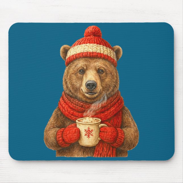 Cute Bear With Santa Hat Coffee Lover Funny Winter Mousepad (Vorne)