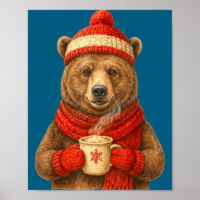 Cute Bear With Santa Hat Coffee Lover Funny Winter Poster (Vorne)