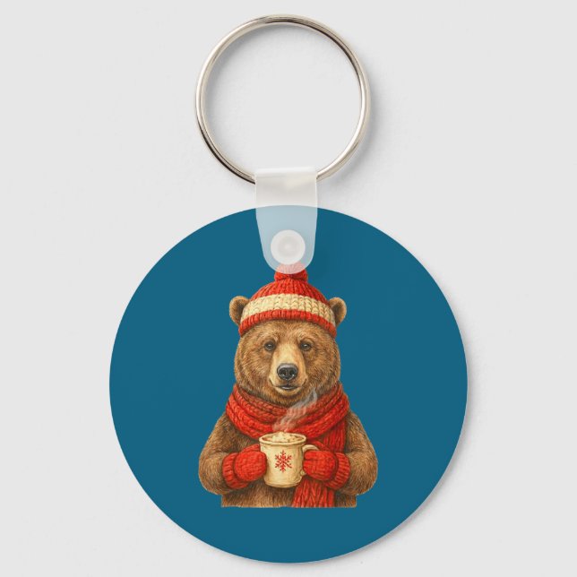 Cute Bear With Santa Hat Coffee Lover Funny Winter Schlüsselanhänger (Vorderseite)