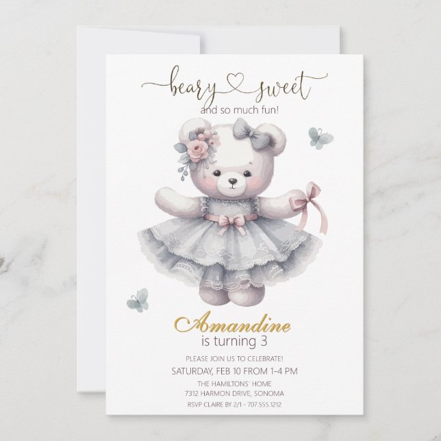 Cute bearly sweet  girl birthday  Invitation (Devant)