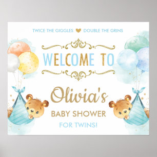 Cute Bears Twins Baby Boys Douche Affiche de bienv