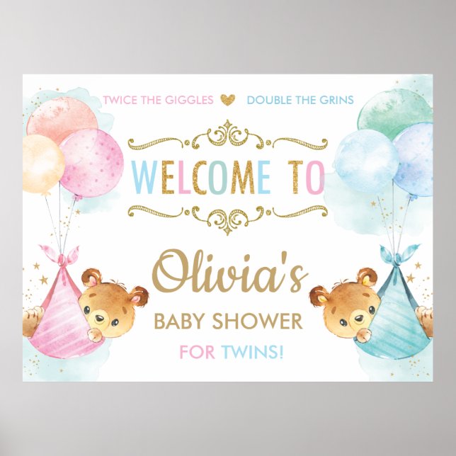 Cute Bears Twins Boy Girl Baby shower Affiche de b (Devant)