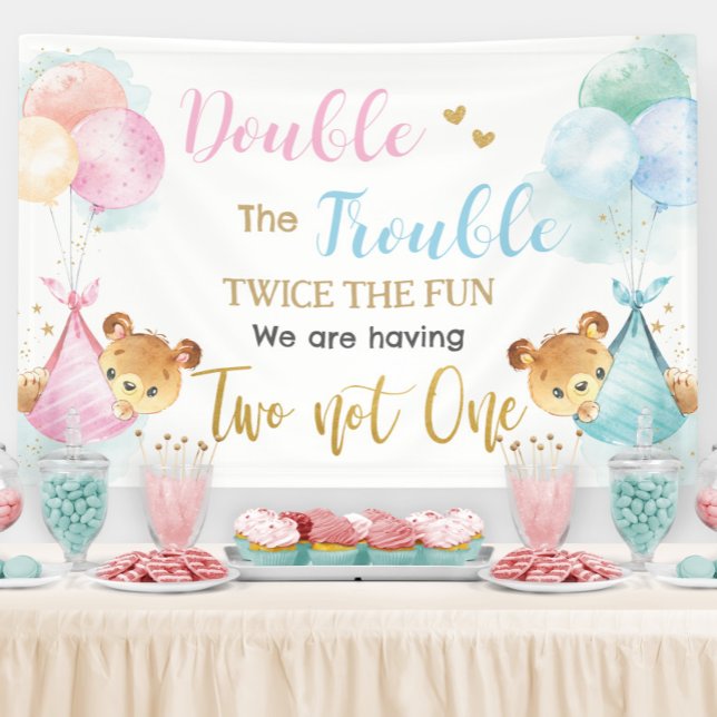 Cute Bears Twins Boy Girl Baby Shower Backdrop Banner (Von Creator hochgeladen)