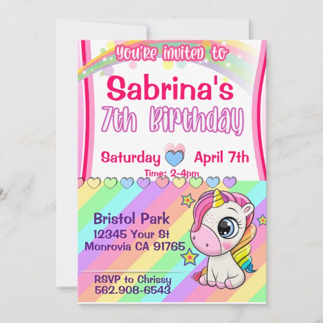 Cute bébé Unicorn 7e anniversaire invitation (Devant)