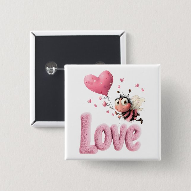 Cute Bee Fluffy Pink Love Heart Balloon  Button (Vorne & Hinten)
