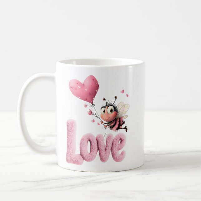 Cute Bee Fluffy Pink Love Heart Balloon Design Kaffeetasse (Links)