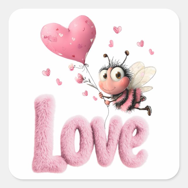 Cute Bee Fluffy Pink Love Heart Balloon Design Quadratischer Aufkleber (Vorderseite)
