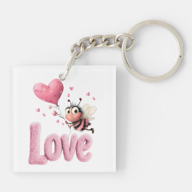 Cute Bee Fluffy Pink Love Heart Balloon  Schlüsselanhänger (Rückseite)