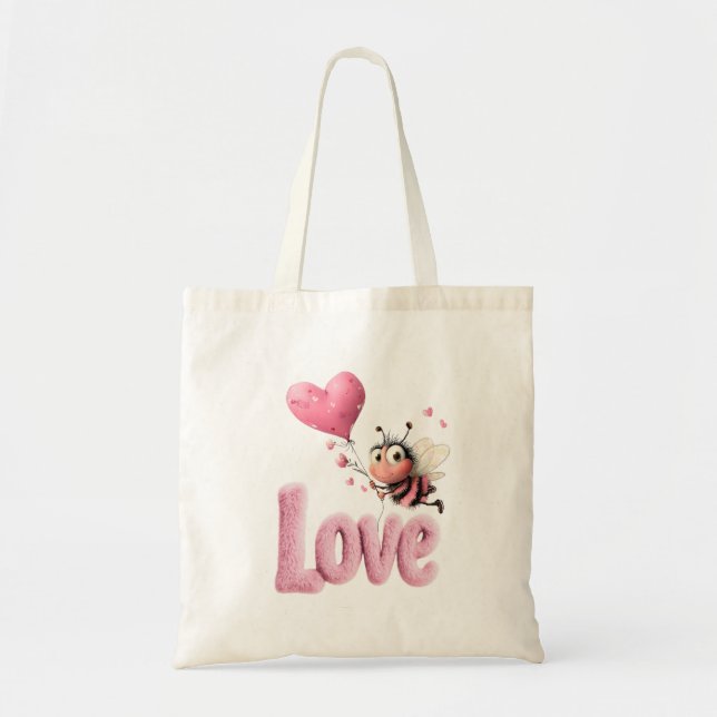 Cute Bee Fluffy Pink Love Heart Balloon  Tragetasche (Vorne)