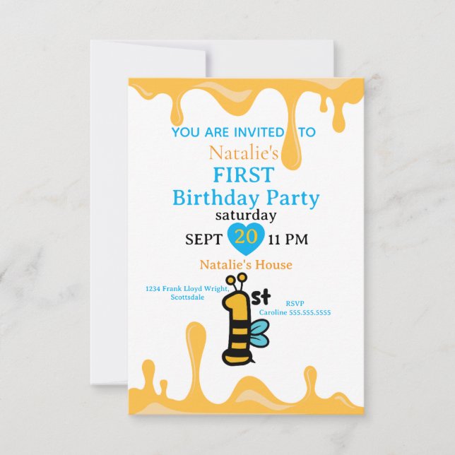 Cute Bee Honey Drivers 1st Birthday Invitation Ada (Devant)