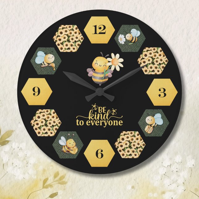 Cute Bee Honeycomb and Sunflower Große Wanduhr (Brighten your space with sunshine and cheer with a charming bee-themed wall clock)