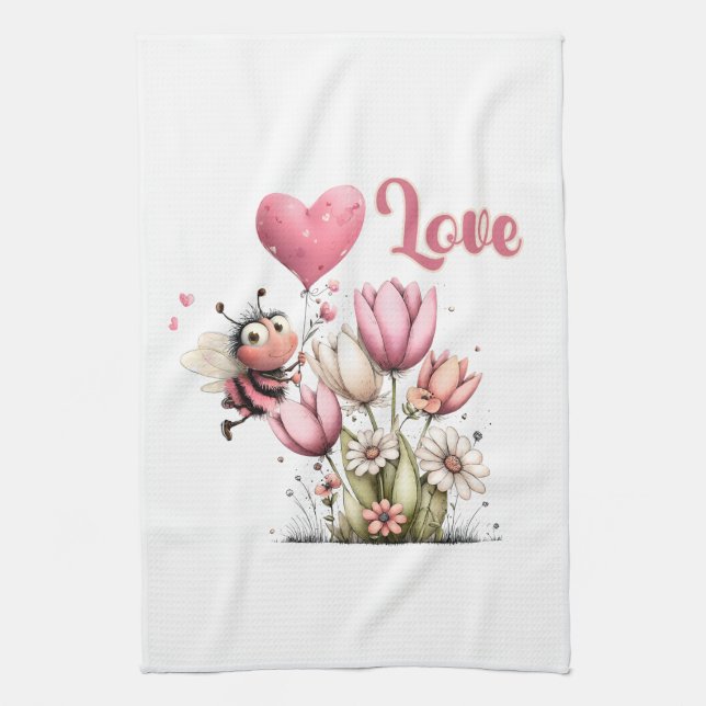 Cute Bee Love Heart Balloon Spring Flowers Geschirrtuch (Vertikal)