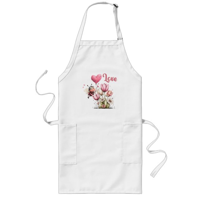 Cute Bee Love Heart Balloon Spring Flowers Lange Schürze (Vorne)
