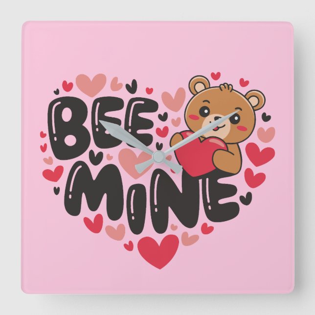 Cute Bee Mine Teddy Bear Valentine's Day Quadratische Wanduhr (Vorderseite)