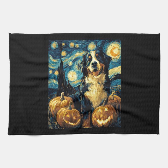 Cute Bernese mountain Dog Halloween Jack O Lantern Geschirrtuch (Horizontal)